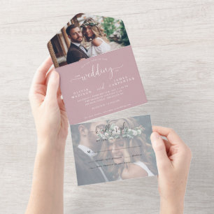 Elegant Modern Dusty Rose Script 2 Photo Wedding All In One Invitation
