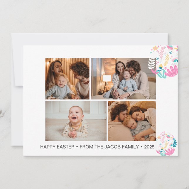 elegant Modern Easter, family four photo collage H Holiday Card (Front)