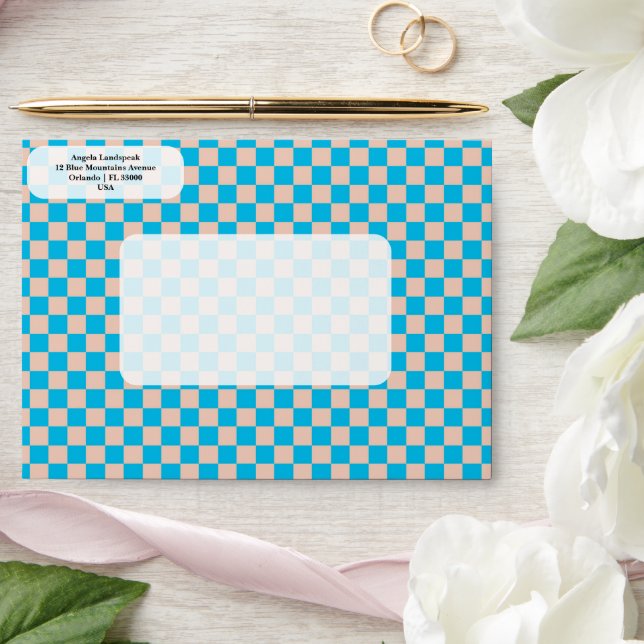 Elegant, Modern Ecru & Blue Chequered   Envelope (Wedding)