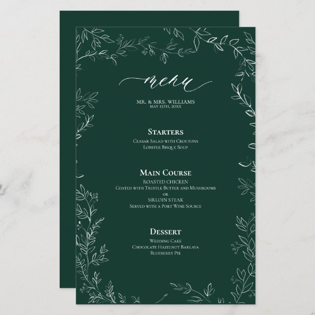 Elegant Modern Emerald Green Leaf Wedding Menu (Front/Back)