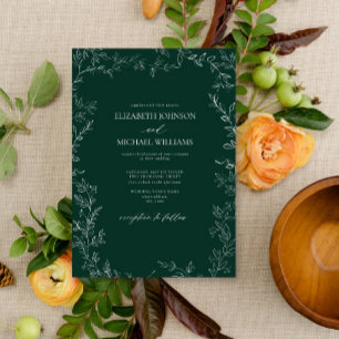 Elegant Modern Emerald Green Minimal Leaf Wedding Invitation