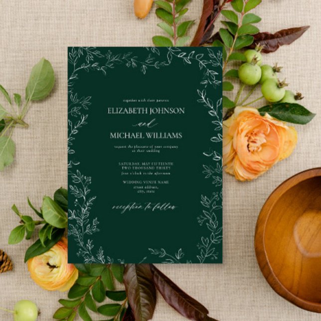 Elegant Modern Emerald Green Minimal Leaf Wedding Invitation (Creator Uploaded)