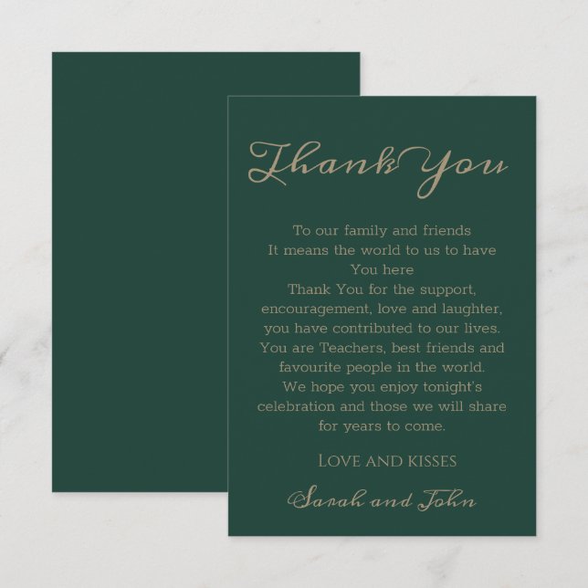 Elegant Modern Emerald Green Script Wedding Thank You Card (Front/Back)