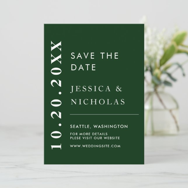 Elegant Modern Emerald Green Simple Wedding Photo Save The Date (Standing Front)