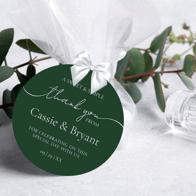 Elegant Modern Emerald Green Wedding Thank You Classic Round Sticker (Elegant Calligraphy Script Modern Emerald Green Wedding Thank You Stickers)