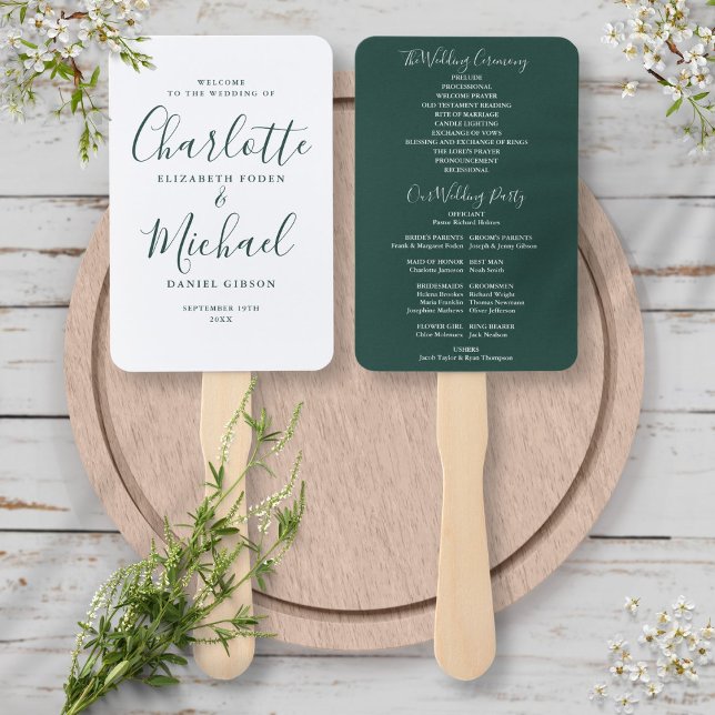 Elegant Modern Emerald Script Wedding Program Hand Fan (Creator Uploaded)
