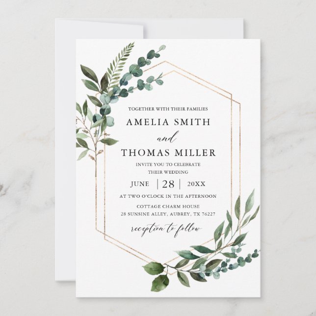 Elegant Modern Eucalyptus Greenery Gold Wedding Invitation (Front)