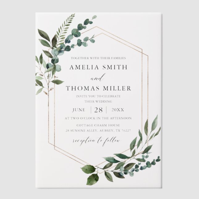 Elegant Modern Eucalyptus Greenery Gold Wedding Vellum Invitations (Front)