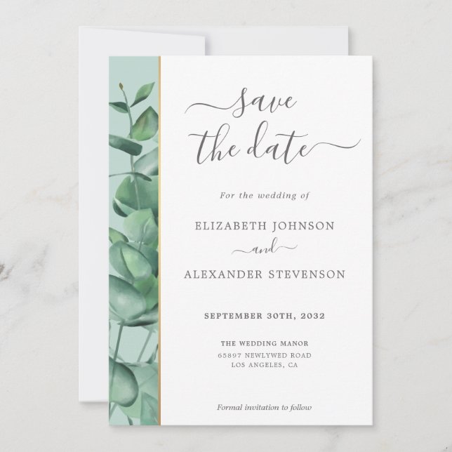 Elegant modern eucalyptus greenery simple wedding  save the date (Front)