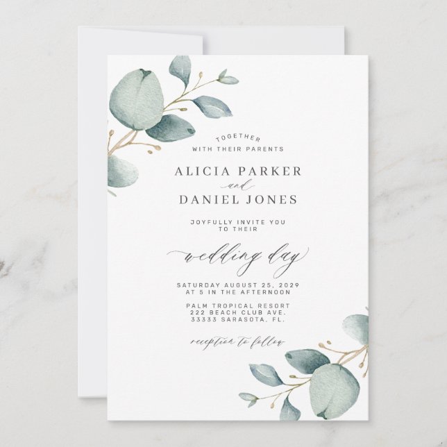 Elegant modern eucalyptus greenery wedding invitation (Front)