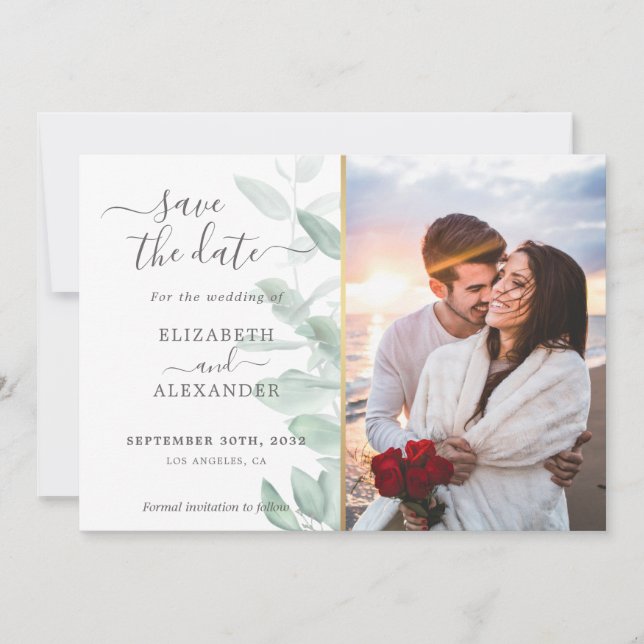 Elegant modern eucalyptus greenery wedding photo save the date (Front)