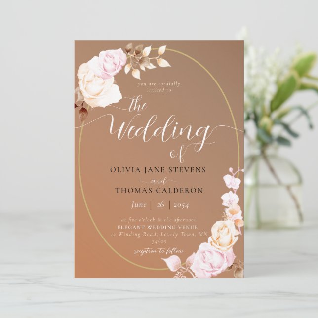 Elegant Modern Fall Sienna Floral Frame Wedding Invitation (Standing Front)