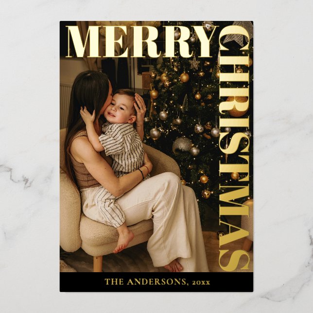 Elegant Modern Family Photo Black Merry Christmas Foil Holiday Card (Front)