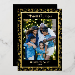 Elegant Modern Family Photo Christmas Black & Gold Foil Holiday Card