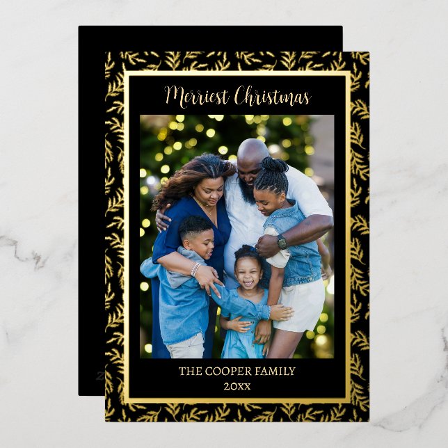 Elegant Modern Family Photo Christmas Black & Gold Foil Holiday Card (Front/Back)