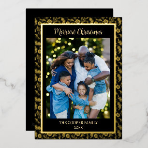 Elegant Modern Family Photo Christmas Black & Gold Foil Holiday Card