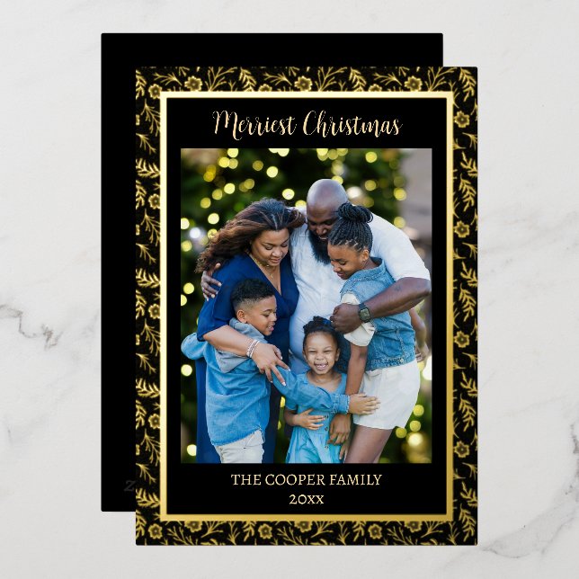 Elegant Modern Family Photo Christmas Black & Gold Foil Holiday Card (Front/Back)