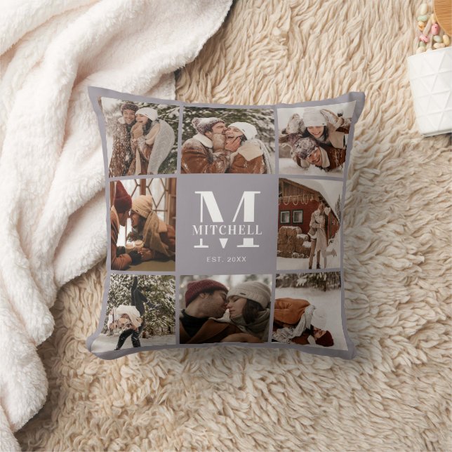Elegant Modern Family Photo Collage | Monogram Cushion (Blanket)