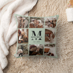 Elegant Modern Family Photo Collage   Sage Green Cushion