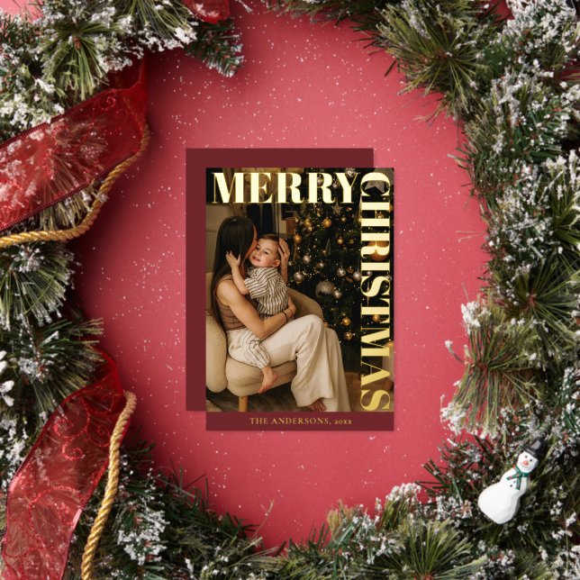 Elegant Modern Family Photo Red Merry Christmas Foil Holiday Card (Insitu)