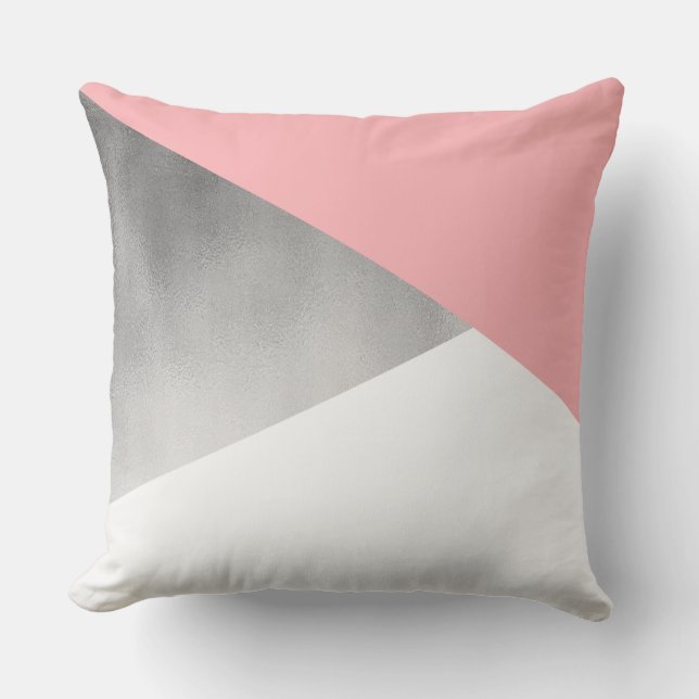 elegant modern faux silver blush pink geometric cushion (Front)