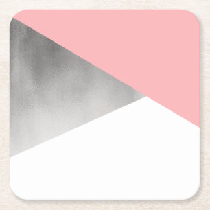 elegant modern faux silver blush pink geometric square paper coaster