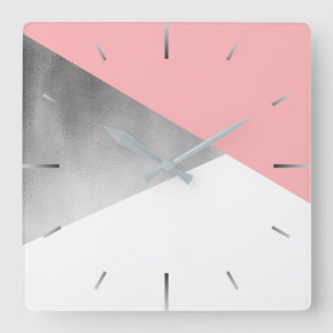elegant modern faux silver blush pink geometric square wall clock