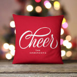 Elegant Modern Festive Red Script Cheer Christmas Cushion<br><div class="desc">This elegant yet modern holiday throw pillow features a modern calligraphy script greeting that says "Cheer" and modern typography over a festive red background. Both sides of the pillow are identical. All colours of this design are customisable,  just click "edit using design tool".</div>