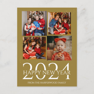 Elegant Modern Firework Happy New Year Four Photo Holiday Postcard