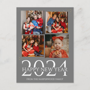 Elegant Modern Firework Happy New Year Four Photo Holiday Postcard
