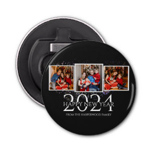 Elegant Modern Firework Happy New Year Three Photo Bottle Opener