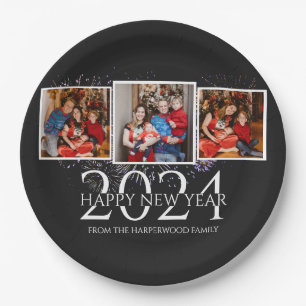Elegant Modern Firework Happy New Year Three Photo Paper Plate