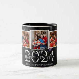 Elegant Modern Firework Happy New Year Three Photo Two-Tone Coffee Mug