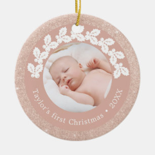 Elegant modern first Christmas baby photo custom Ceramic Ornament