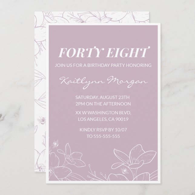 Elegant Modern Floral 48th birthday invitations (Front/Back)