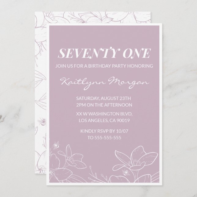 Elegant Modern Floral 71st birthday invitations (Front/Back)