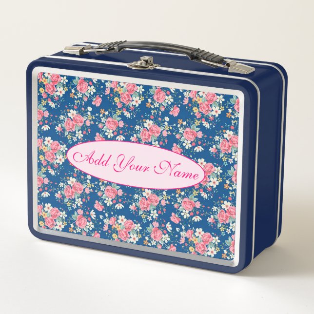Elegant Modern Floral Add Your Text Metal Lunch Box (Front)