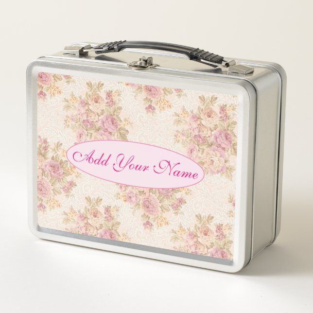 Elegant Modern Floral Add Your Text Metal Lunch Box (Front)
