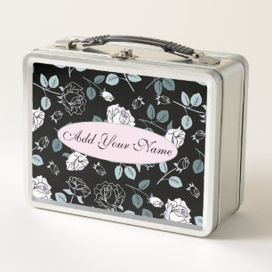 Elegant Modern Floral Add Your Text Metal Lunch Box