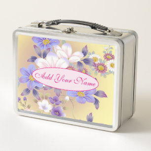 Elegant Modern Floral Add Your Text Metal Lunch Box