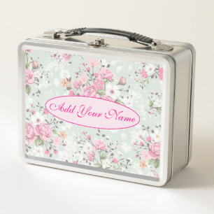 Elegant Modern Floral Add Your Text Metal Lunch Box