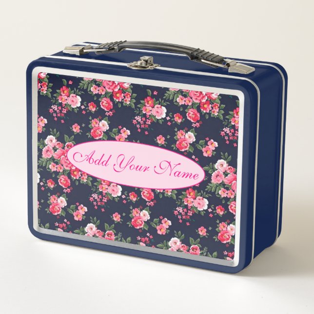 Elegant Modern Floral Add Your Text Metal Lunch Box (Front)