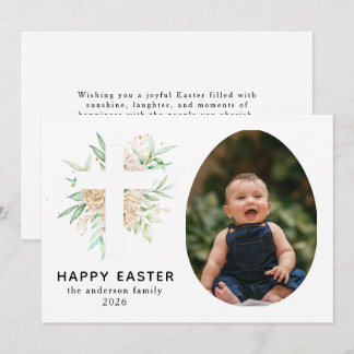 Elegant Modern Floral and Cross Happy Easter Photo Holiday Card