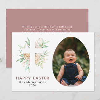 Elegant Modern Floral and Cross Happy Easter Photo Holiday Card