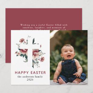 Elegant Modern Floral and Cross Happy Easter Photo Holiday Card