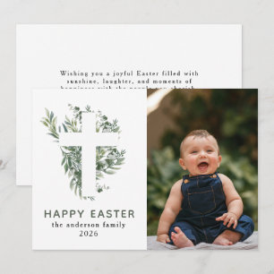 Elegant Modern Floral and Cross Happy Easter Photo Holiday Card