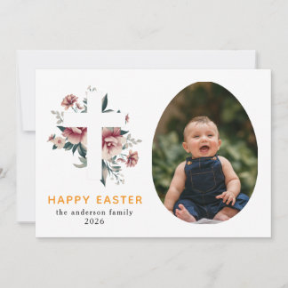 Elegant Modern Floral and Cross Happy Easter Photo Holiday Card