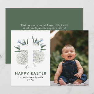Elegant Modern Floral and Cross Happy Easter Photo Holiday Card