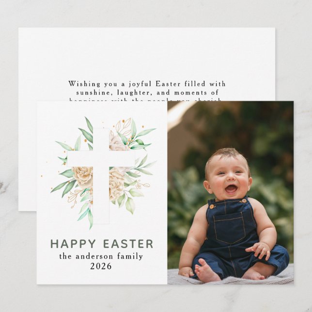 Elegant Modern Floral and Cross Happy Easter Photo Holiday Card (Front/Back)