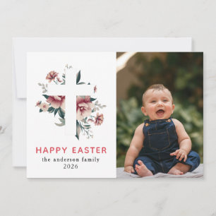 Elegant Modern Floral and Cross Happy Easter Photo Holiday Card